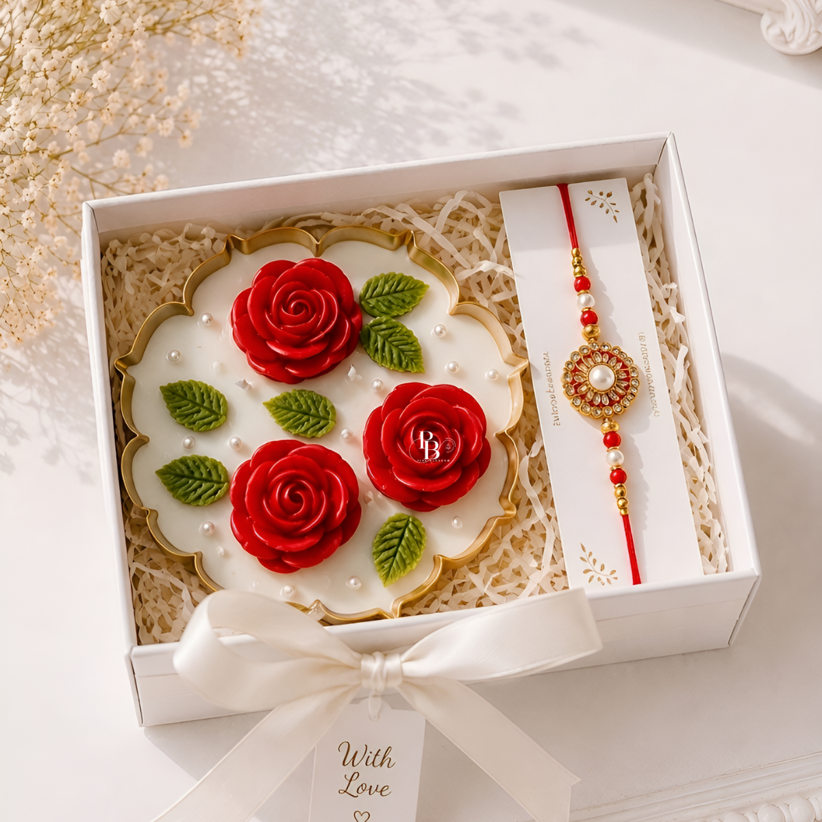 Rosé Royale™ Luxury Raksha Bandhan Gift Hamper | Handmade Rose Soy Wax Candle with Designer Rakhi | Premium Gift Box