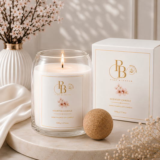 Scented soy candle in clear glass jar with lit wick, cork stopper, and gift box