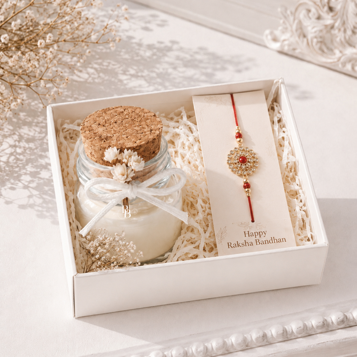 Ivory Elegance™ Luxury Raksha Bandhan Gift Hamper | Handmade Soy Wax Jar Candle & Designer Rakhi Gift Box