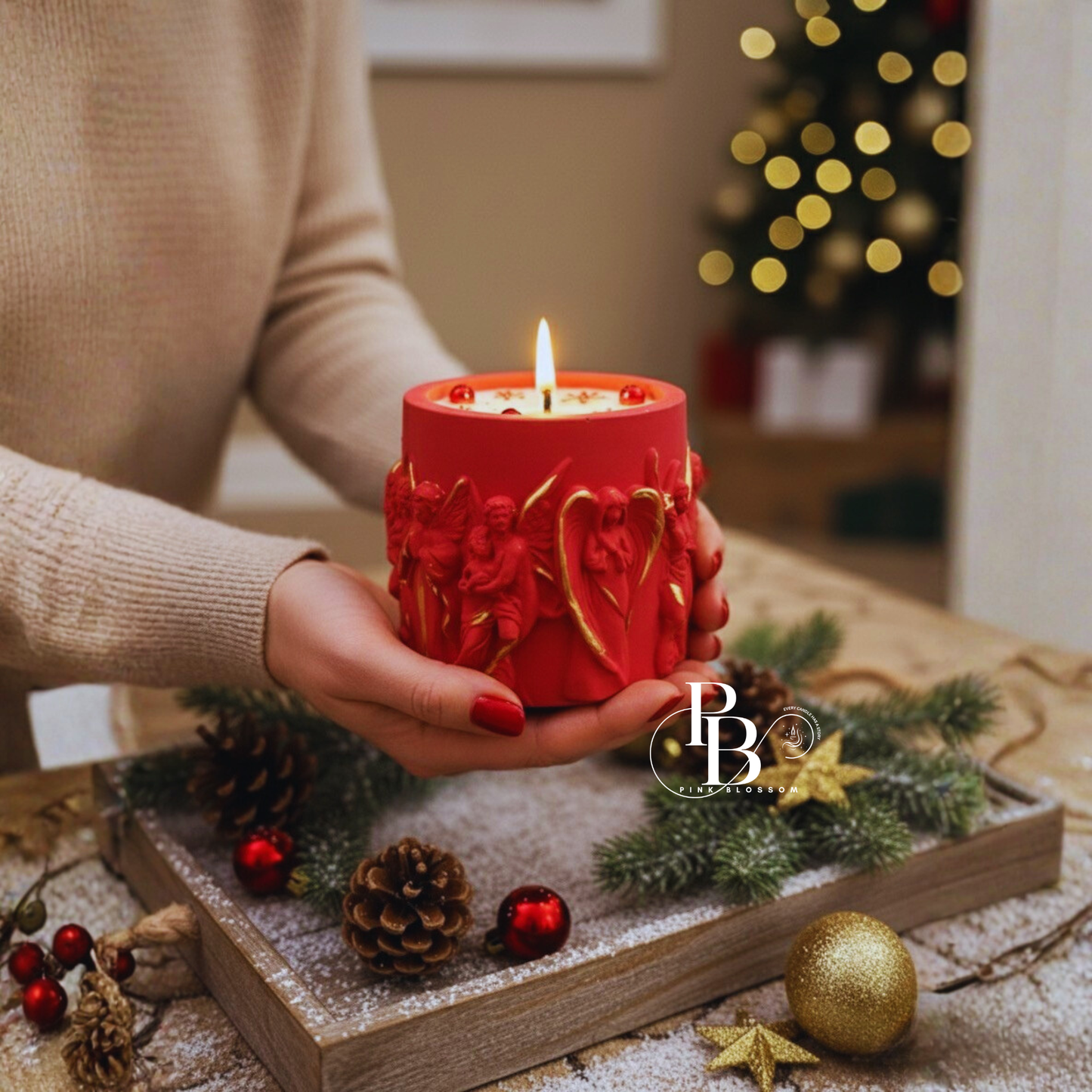 Luxury Red Christmas Candle with Angel Design – Handcrafted Holiday Décor Candle by Pink Blossom