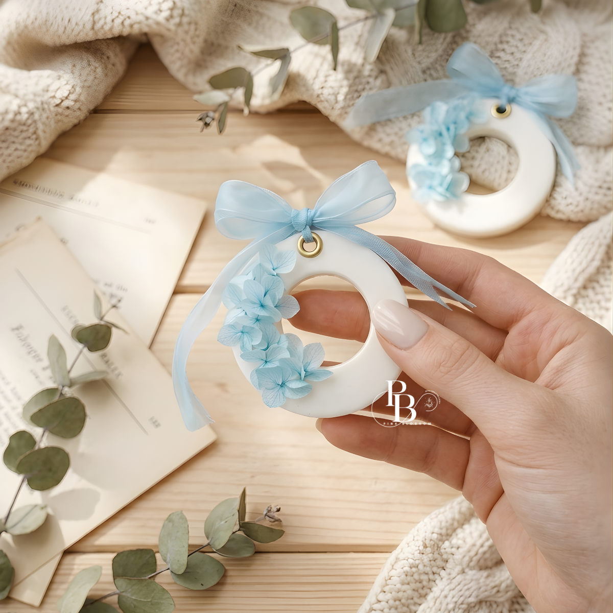 Blue Hydrangea Wreath Aroma Sachet⢠| Handmade Soy Wax Floral Ring Sachet for Wardrobe, Closet & Home Fragrance