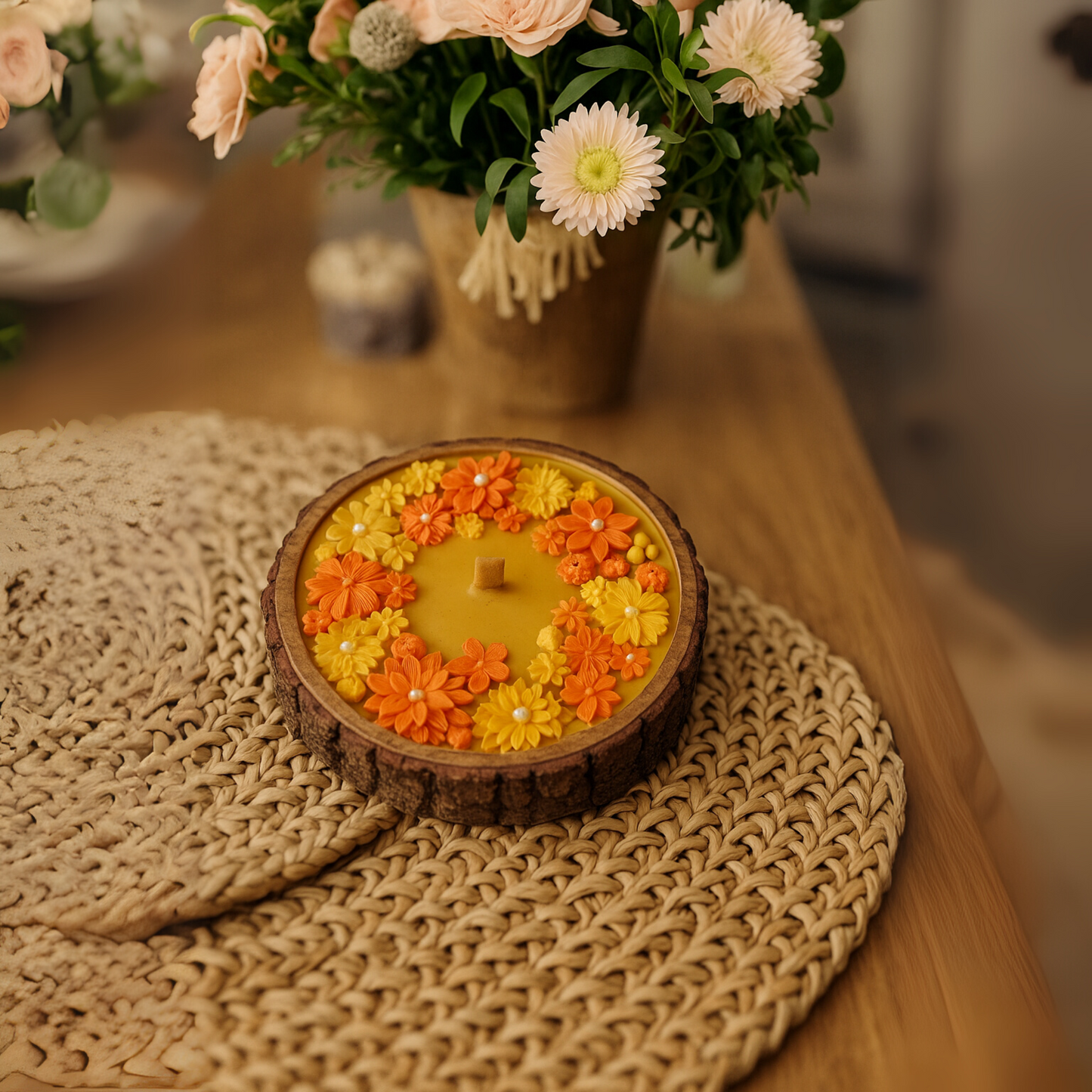 Handmade Luxury Wooden base Floral Soy Wax Candle with Orange & Yellow Flowers | Eco-Friendly Festive Home Décor