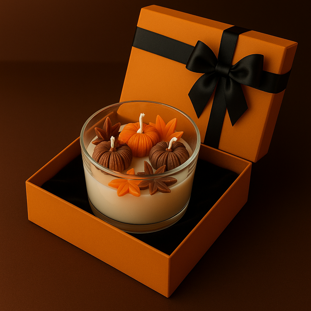 Luxury Pumpkin & Autumn Leaf Candle – Handmade Fall Scented Candle for Halloween & Thanksgiving Décor