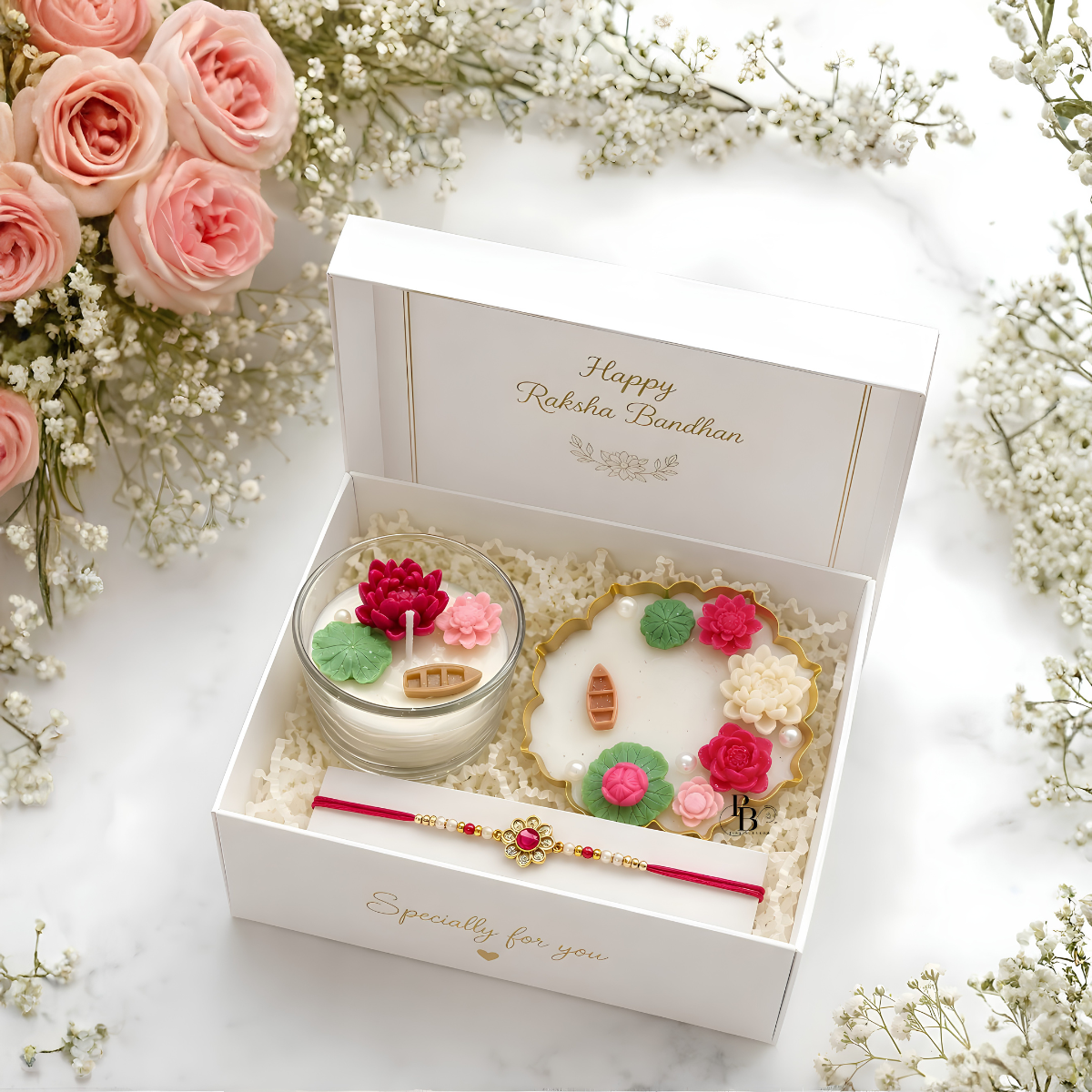 Pink Blossom™ Lotus Serenity Luxury Raksha Bandhan Gift Hamper | Premium Rakhi Gift Box with Lotus Pond Candles