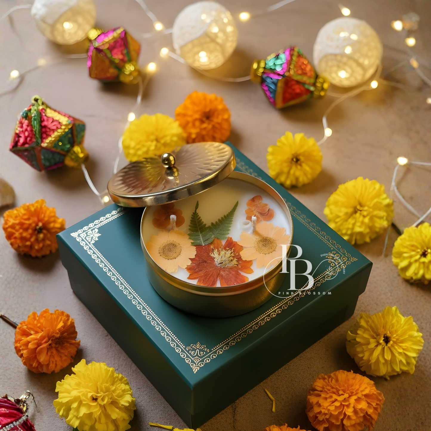 Luxury Handcrafted Floral Candle in Urli Jar – Premium Festive Gift