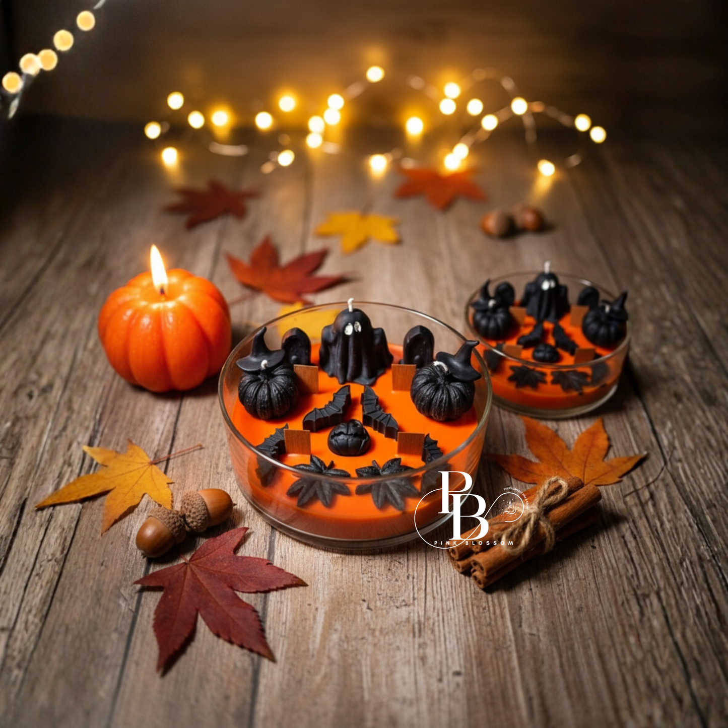 Luxury Halloween Candle | Ghost & Pumpkin Witch Hat Design | Handcrafted Black & Orange Decor