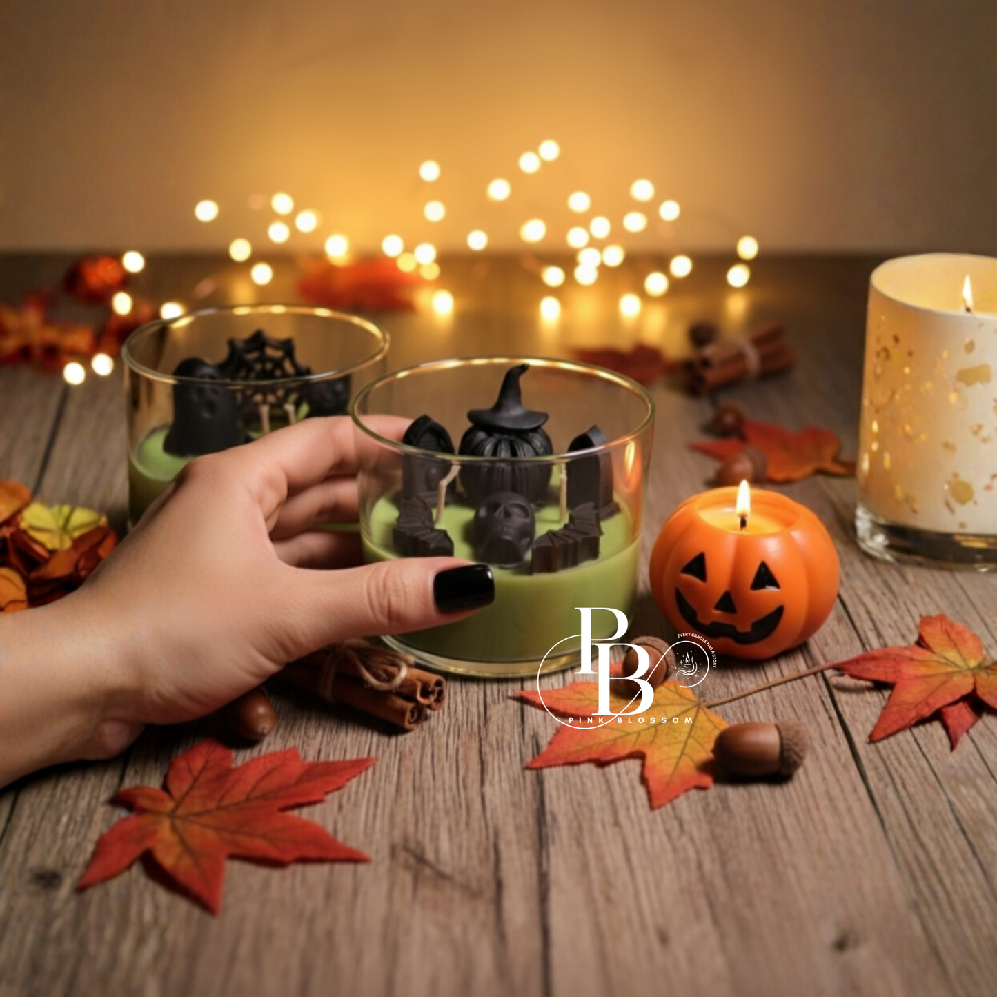 Luxury Halloween Candle Bowl – Handmade Green Wax Candle with Skull, Witch Hat & Bat Decor