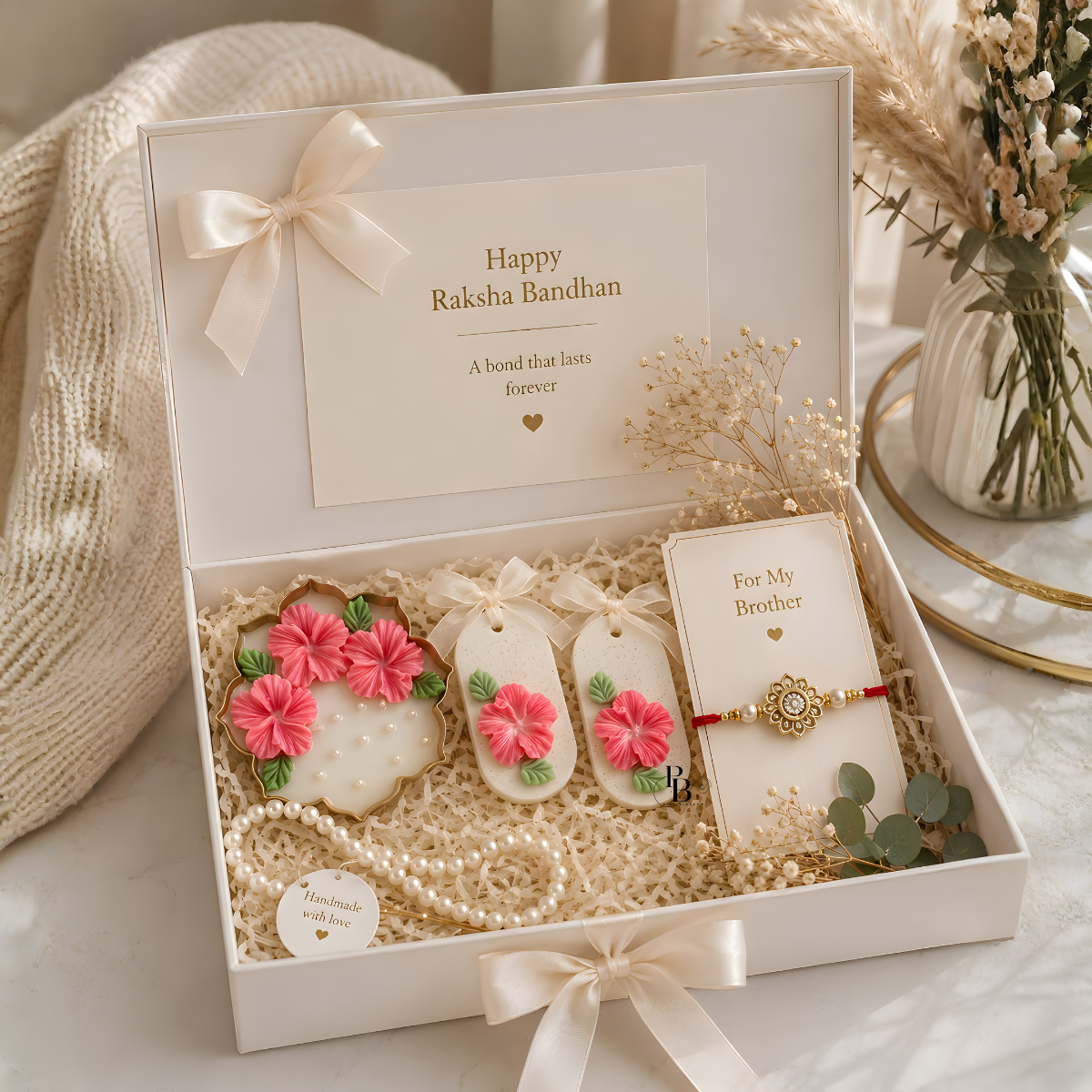 Pink Blossom™ Hibiscus Harmony Luxury Raksha Bandhan Gift Hamper | Premium Rakhi Gift Box with Floral Candles & Wax Sachets