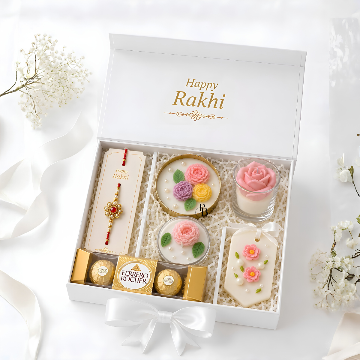 Pink Blossom™ Royal Blossom Raksha Bandhan Luxury Gift Hamper | Premium Rakhi Box with Floral Candles & Ferrero Rocher