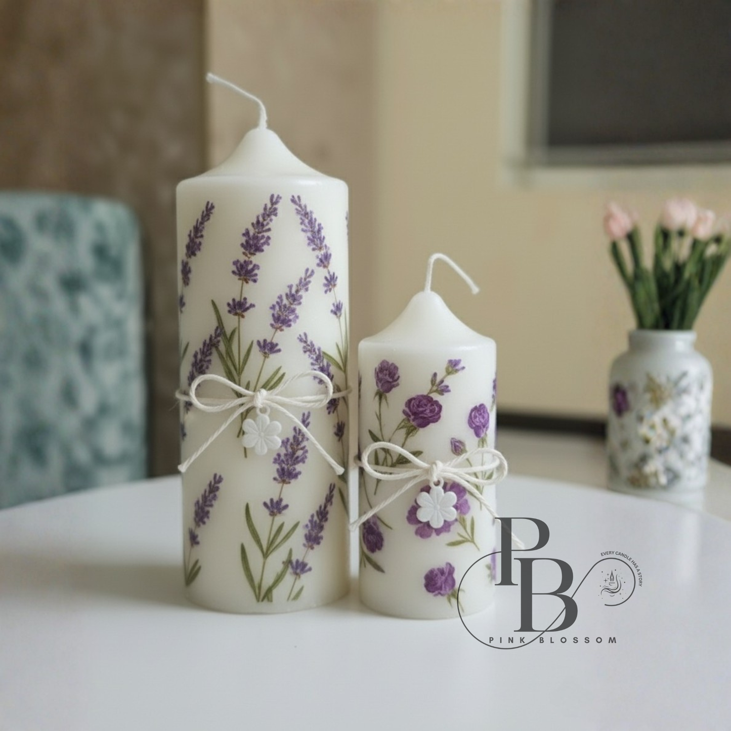 Handmade Botanical Pillar Candles – Dried Flower & Lavender Decor