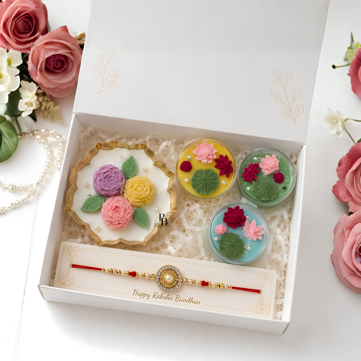 Pink Blossom™ Lotus Royale Raksha Bandhan Luxury Gift Hamper | Premium Rakhi Box with Lotus Pond Candles