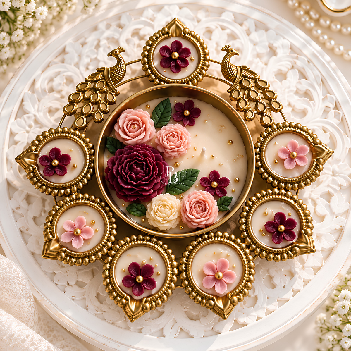 Decorative floral candle with gold ornate frame and pink rose and flower medallions