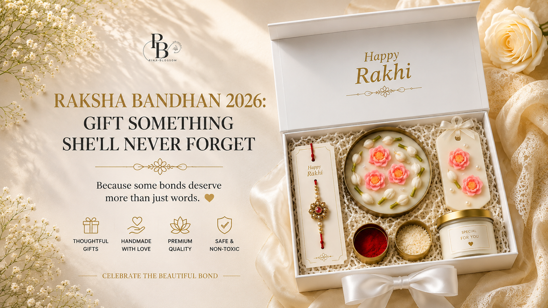 Luxury Raksha Bandhan 2026 gift hamper featuring handcrafted floral candles, premium rakhi, aroma sachet and festive gifting by Pink Blossom.