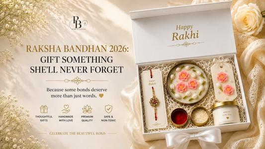 Luxury Raksha Bandhan 2026 gift hamper featuring handcrafted floral candles, premium rakhi, aroma sachet and festive gifting by Pink Blossom.