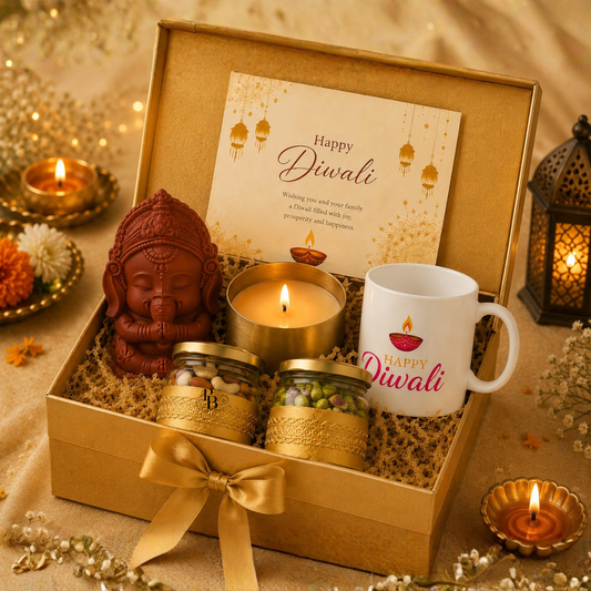 Luxury Diwali gift hamper in kraft box with ribbon, candle, mug, and festive items