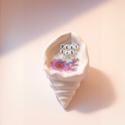 White shell-shaped candle with floral design and bead-style “BEST SIS” text