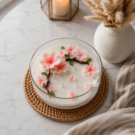 Floral scented candle in clear glass with pink blossoms and brown wax accent