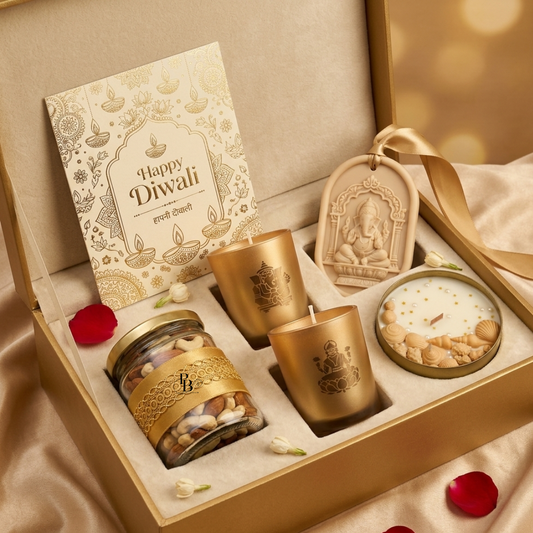 Luxury Diwali gift hamper in gold box with Happy Diwali card, Ganesha ornament, candle and sweets