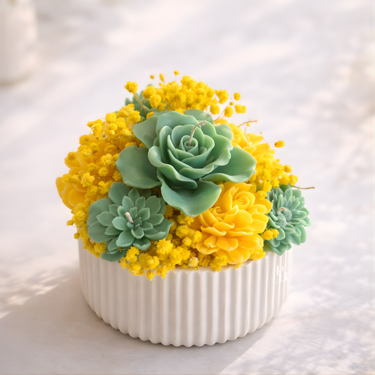 Luxury Floral Succulent Candle Bowl – Handcrafted Yellow & Sage Green Flower Arrangement | Premium Decorative Gift