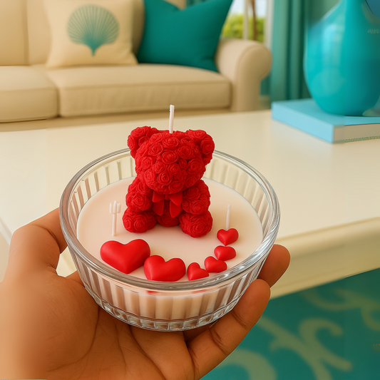 Romantic Rose Teddy Bear Candle with Heart Accents