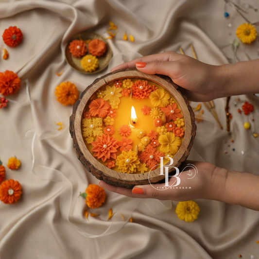 Handmade Luxury Wooden base Floral Soy Wax Candle with Orange & Yellow Flowers | Eco-Friendly Festive Home Décor
