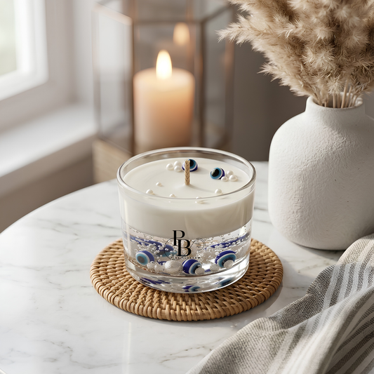 Evil eye protection candle in clear glass with blue evil-eye charms on white wax