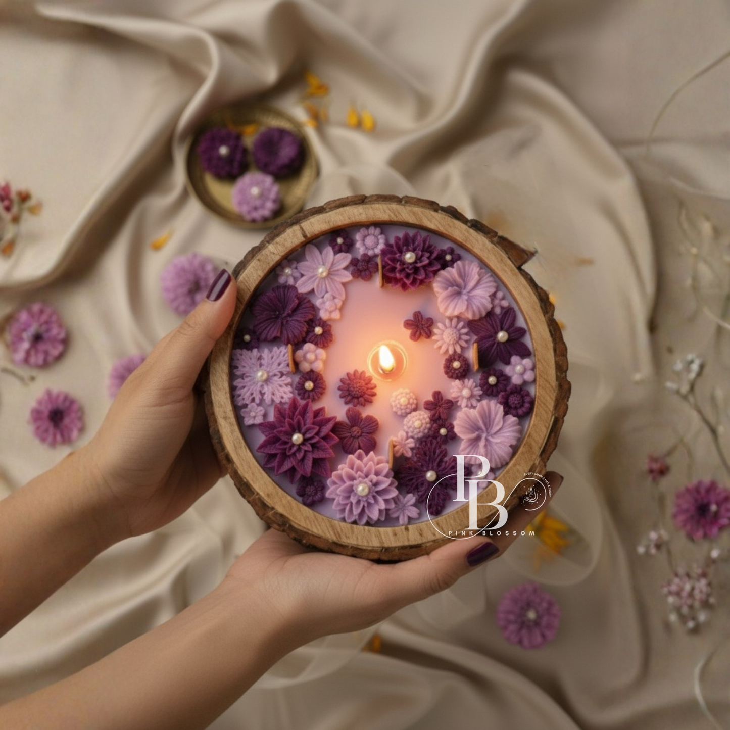 Purple floral soy wax candle in round wooden base, lit wick in center