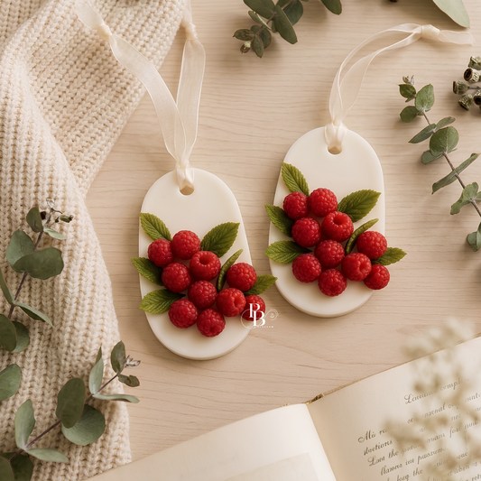 Handmade soy wax wardrobe freshener sachet with red raspberry and leaf design