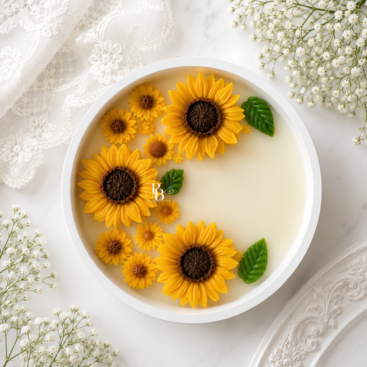 Sunflower decorative candle in white round dish with yellow blooms and green leaves