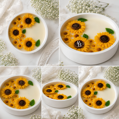 Sunflower decorative candle shown from multiple angles, yellow flowers on white wax in round dish
