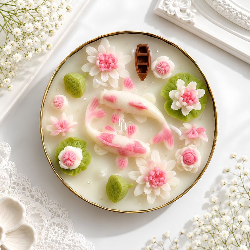 Round koi & lotus decorative candle in gold-rim dish, pink koi with green lotus pods