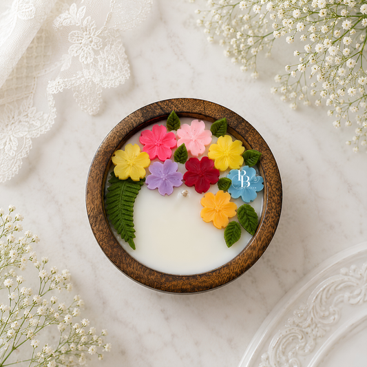 Round floral mosaic candle in wooden holder, multicolor flower shapes with central wick