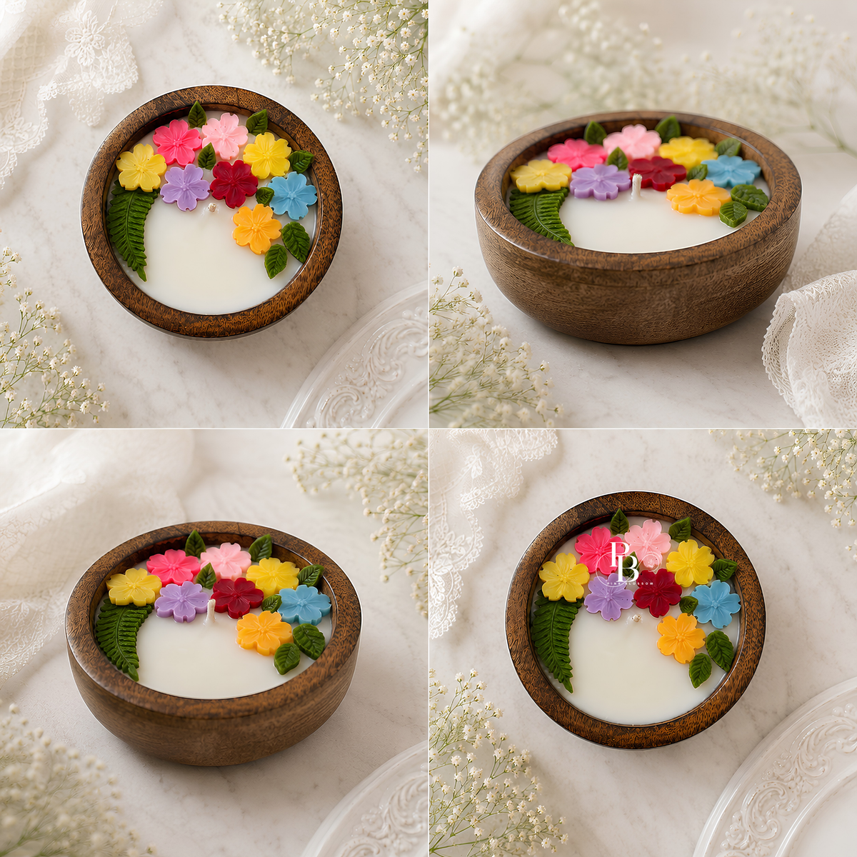 Floral mosaic candle in round wooden holder with multicolor flowers and central wick