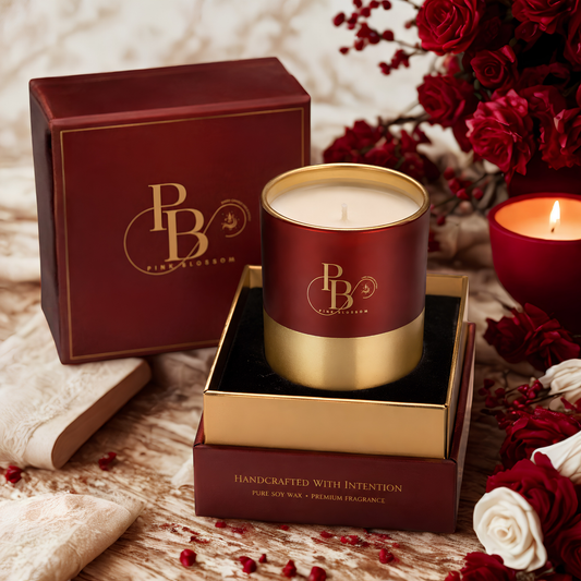 Red and gold scented candle gift set box with candle in open tray