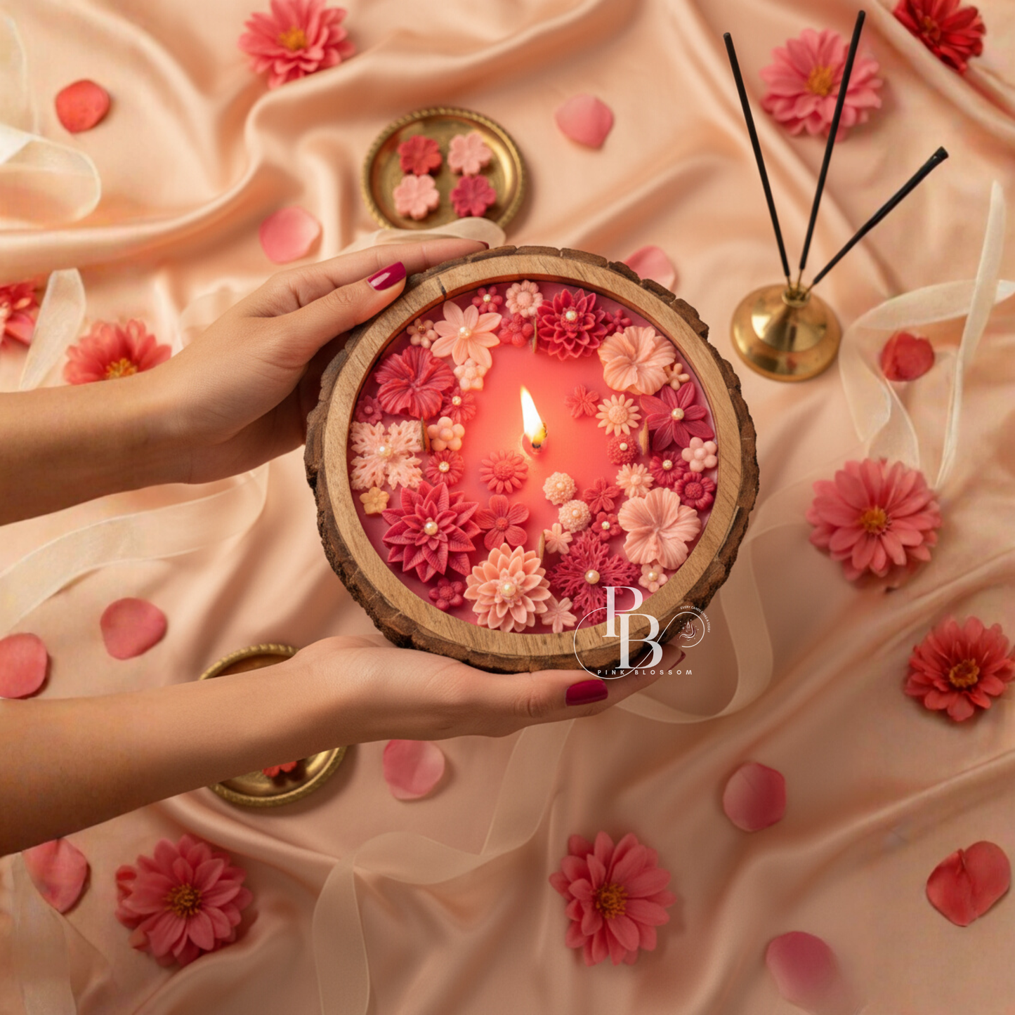 Pink floral soy wax candle in round wooden base, lit wick with flower detail