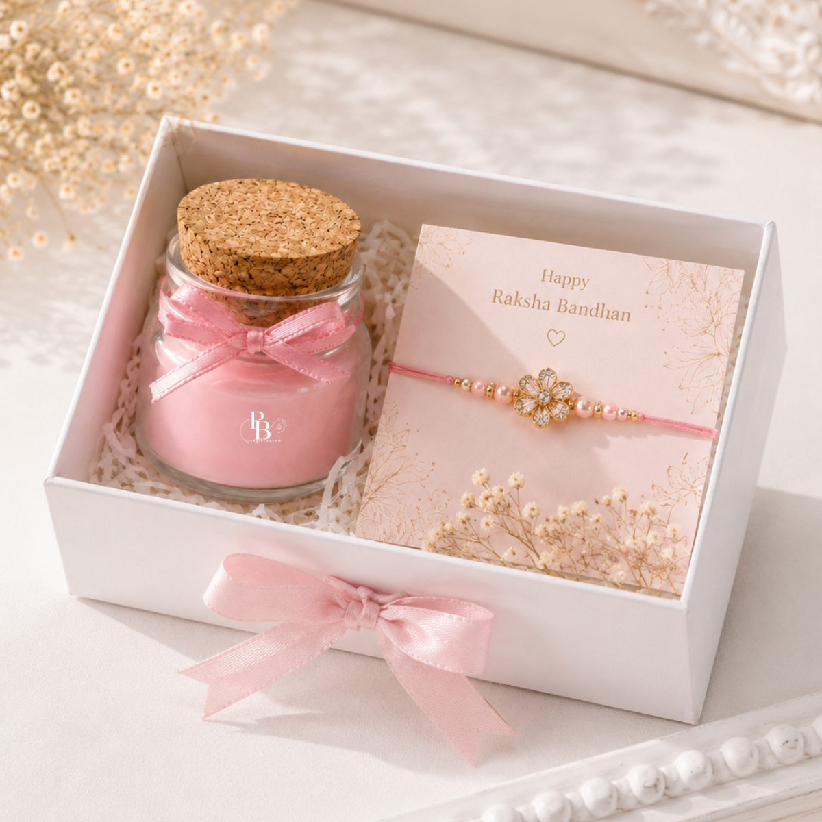 Blush Grace™ Luxury Raksha Bandhan Gift Hamper | Pink Soy Wax Jar Candle & Designer Rakhi Gift Box