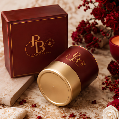 Red scented candle jar with gold lid beside closed gift box