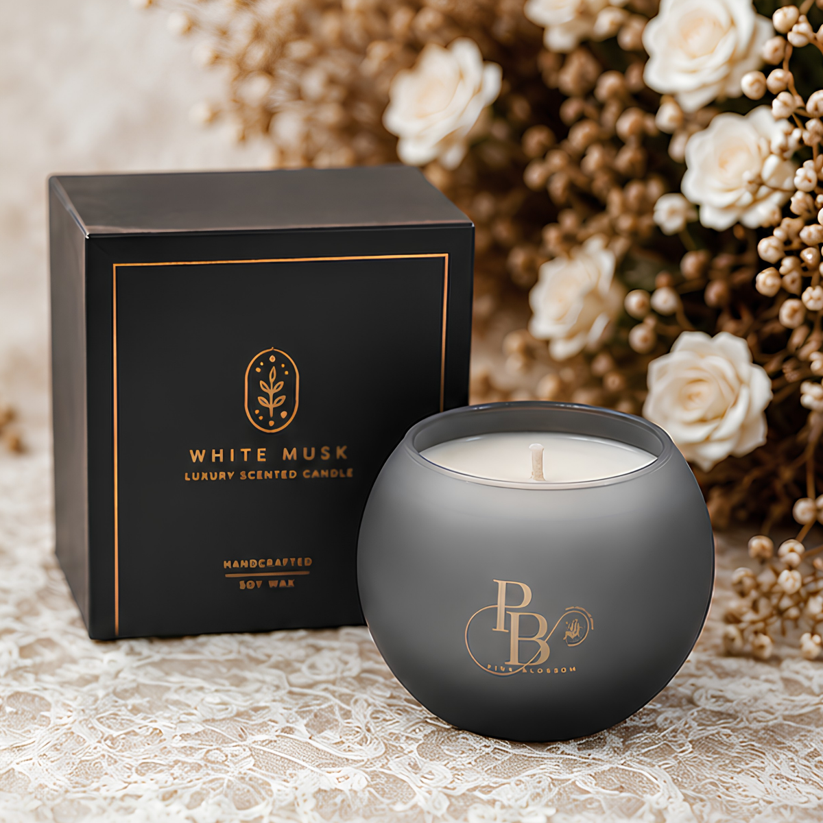 Luxury scented candle in matte dark gray jar with gold logo, in black gift box