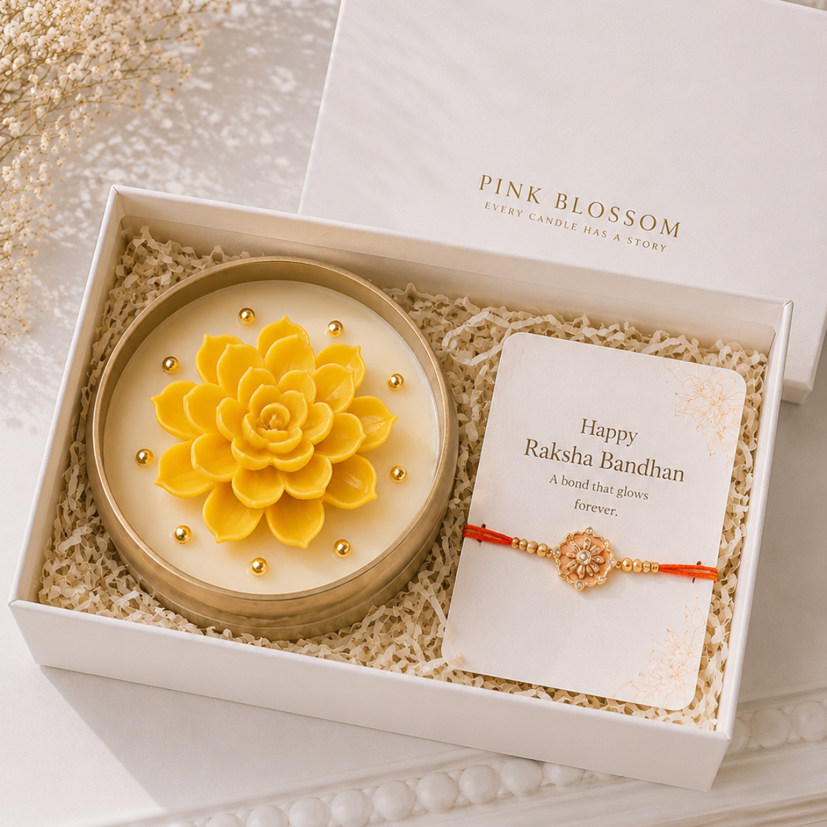 Golden Lotus™ Luxury Raksha Bandhan Gift Hamper | Handcrafted Lotus Soy Wax Candle & Designer Rakhi Gift Box