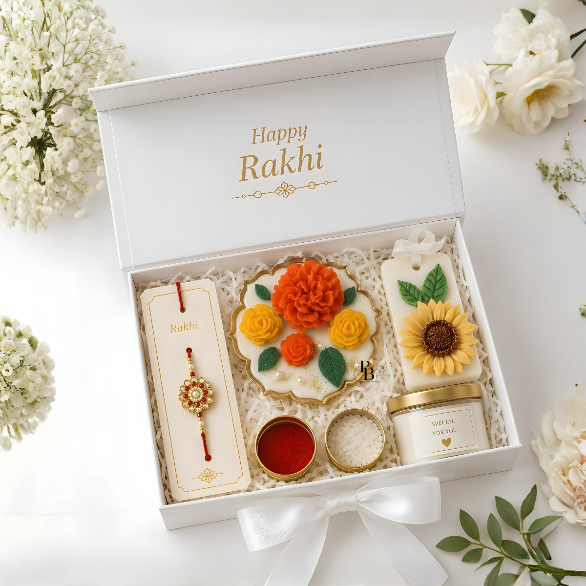 Pink Blossom™ Sibling Bloom Luxury Raksha Bandhan Gift Hamper | Premium Rakhi Gift Box with Handcrafted Floral Candles & Aroma Wax Sachet