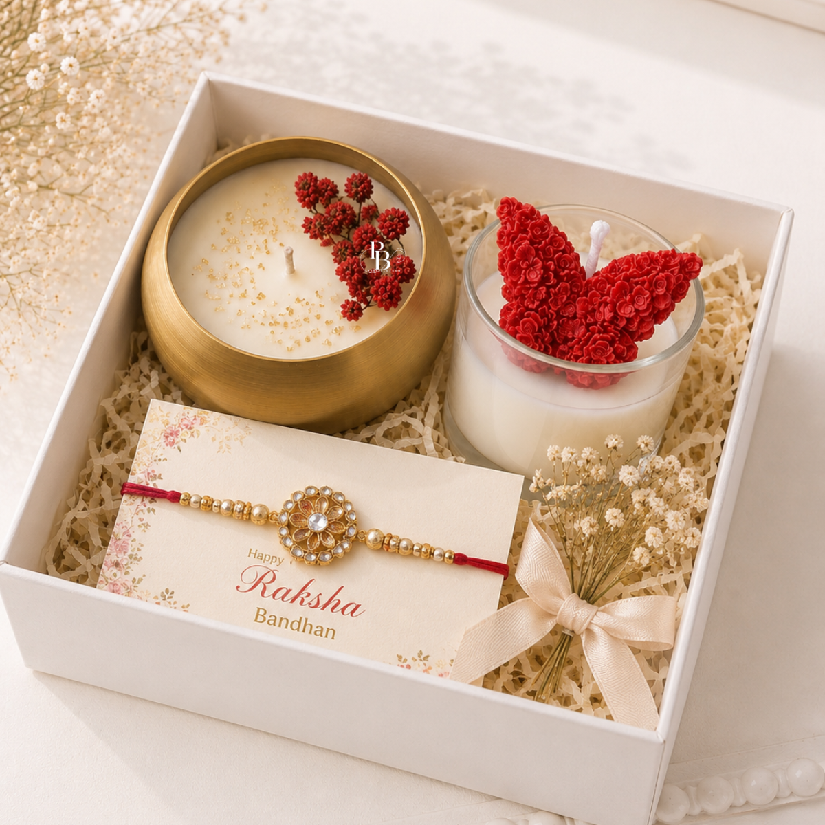 Eternal Bond™ Luxury Raksha Bandhan Gift Hamper | Soy Wax Candle Duo, Butterfly Candle & Designer Rakhi Gift Box
