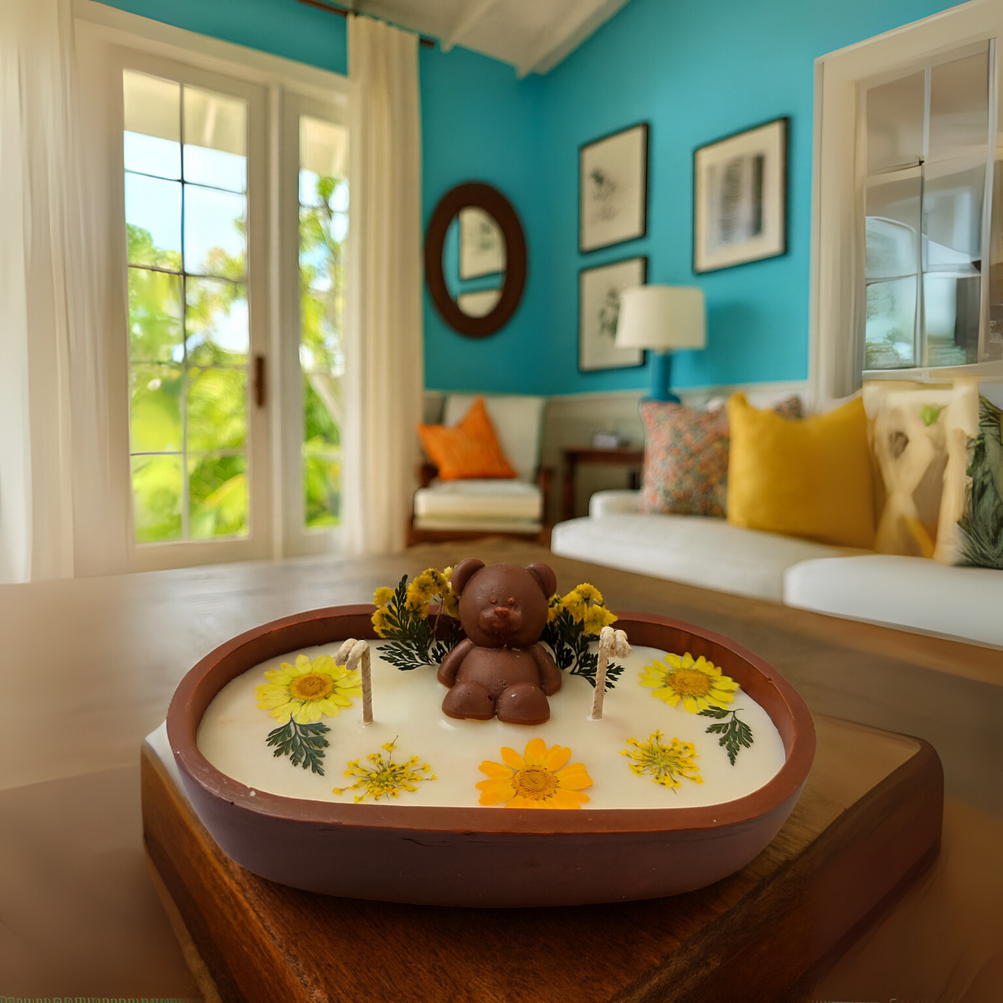 Luxury Teddy Bear Candle with Floral Design