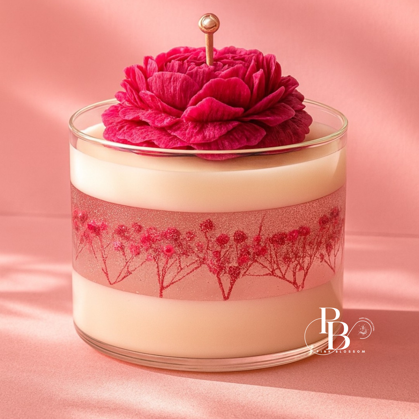Luxury Floral Candle with Pink Rose & Botanical Design