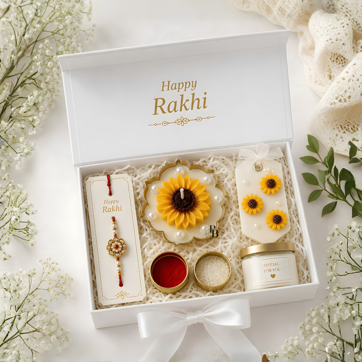 Pink Blossom™ Sunflower Bond Luxury Raksha Bandhan Gift Hamper | Premium Rakhi Gift Box with Sunflower Candles & Aroma Sachet