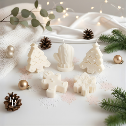 Handmade Christmas decorative candles, white tree and animal shapes, unlit