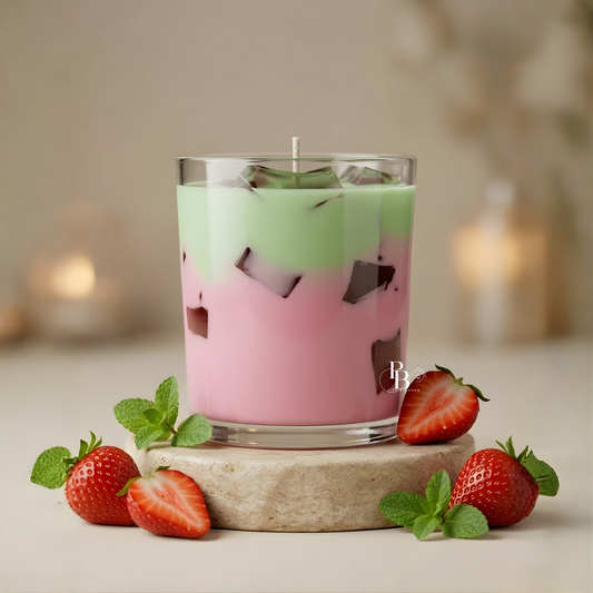 Layered jar candle with green and pink wax, with strawberries and mint on base