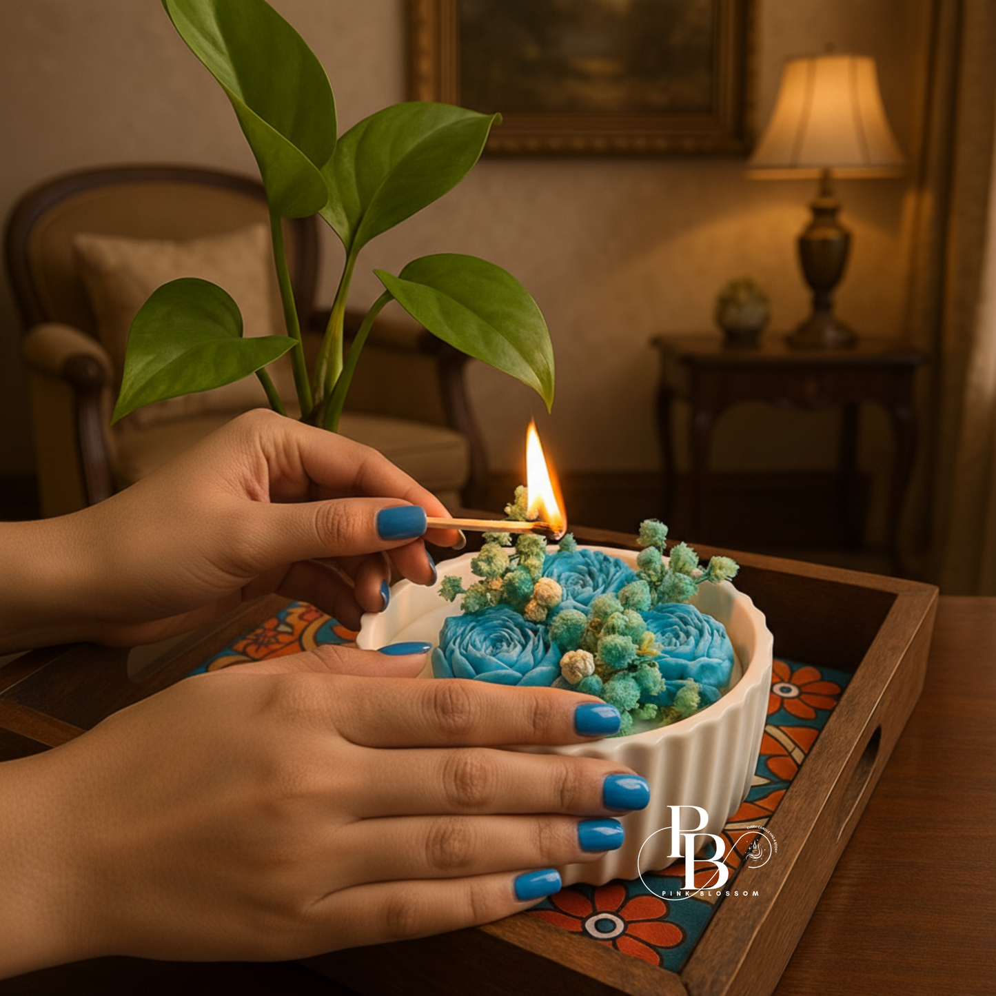 Luxury Blue Floral Soy Candle in White Jar