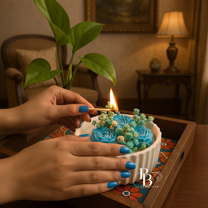 Luxury Blue Floral Soy Candle in White Jar