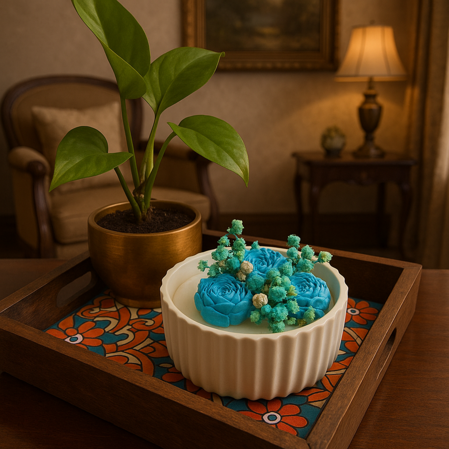 Luxury Blue Floral Soy Candle in White Jar – Handcrafted Home Décor