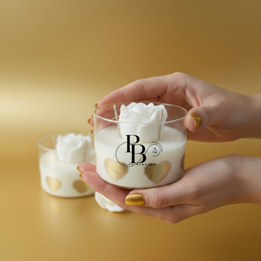 Luxury White Rose Heart Candle – Elegant Handmade Soy Wax Candle with Gold Heart Design